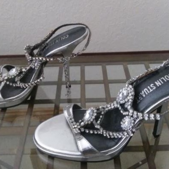 SILVER MATTE PLATFORM SANDALS WITH RHINESTONE GEMS - Picture 2 of 4